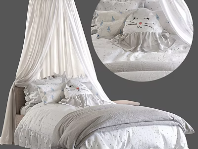 Cute Single Bed With White Curtain Cat Shaped Pillow And Gray Quilt 3d model