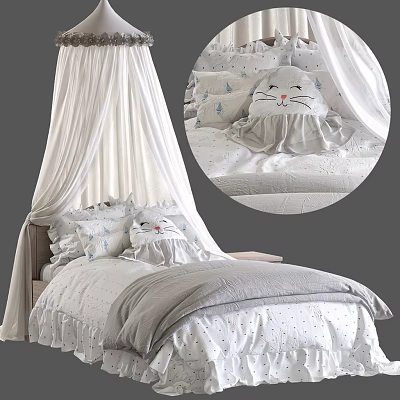 Cute Single Bed With White Curtain Cat Shaped Pillow And Gray Quilt 3d model