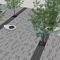 Landscape Garden Design With Trees White Circular Seats Paved Ground And Blue Rings