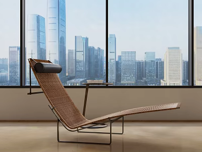 Modern Rattan Lounge Chair With Metal Frame By Large Windows City Skyline View 3d model