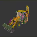 Yellow Backhoe Loader With Front Loader Bucket And Rear Excavator Arm