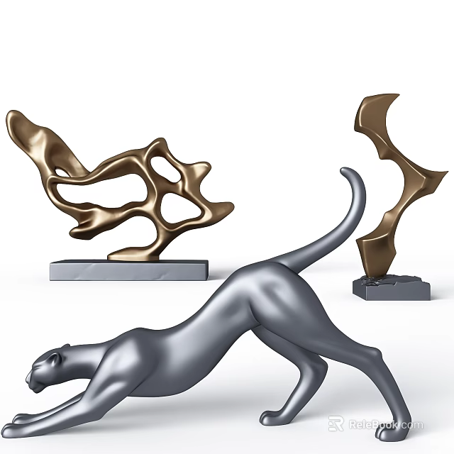 Modern Decorative Ornament Set With Abstract Gold Sculptures And Silver Panther Figurine 3d model 