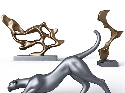 Modern Decorative Ornament Set With Abstract Gold Sculptures And Silver Panther Figurine 3d model
