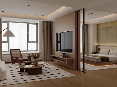 Modern Hotel Guest Room Interior With Living Area Bedroom TV Large Windows And Checkered Rug 3d model