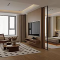 Modern Hotel Guest Room Interior With Living Area Bedroom TV Large Windows And Checkered Rug