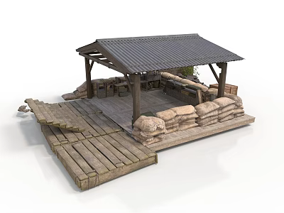 Outdoor Wooden Pavilion With Metal Roof Sandbags And Wooden Platform 3d model