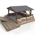 Outdoor Wooden Pavilion With Metal Roof Sandbags And Wooden Platform