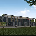 Modern Boutique Guesthouse Building With Open Terrace Green Trees Lawn And People Walking
