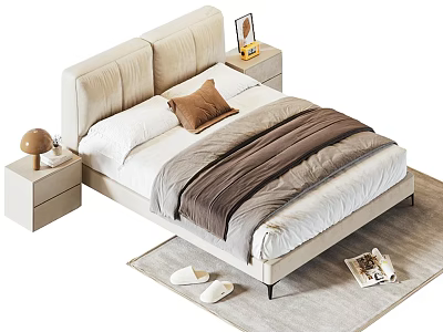 Double Bed With Beige Headboard Bedside Tables Lamp Frame Blanket Cushion Rug Slippers And Magazine 3d model