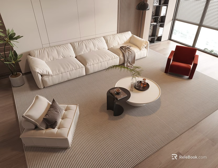 Modern White Sofa And Round Coffee Table Set With Beige Red Armchairs Rug And Plant 3d model 