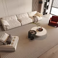 Modern White Sofa And Round Coffee Table Set With Beige Red Armchairs Rug And Plant