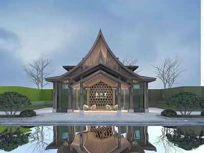 Traditional Wooden Landscape Pavilion With Pagoda Roof Reflecting Pool And Greenery 3d model
