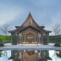 Traditional Wooden Landscape Pavilion With Pagoda Roof Reflecting Pool And Greenery