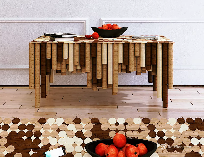 Creative Wooden Coffee Table With Hanging Strips And Fruit Bowl On Top 3d model 