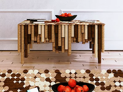 Creative Wooden Coffee Table With Hanging Strips And Fruit Bowl On Top 3d model