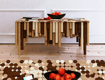 Creative Wooden Coffee Table With Hanging Strips And Fruit Bowl On Top 3d model