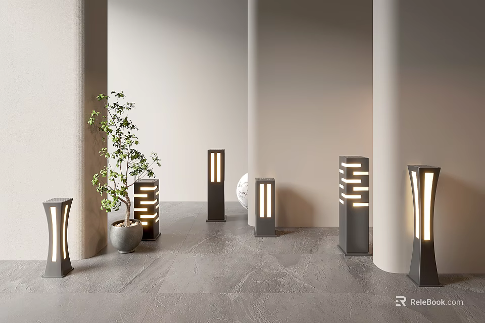 Outdoor Lights With Unique Designs In Modern Patio Garden Featuring Columns And Green Plants 3d model 