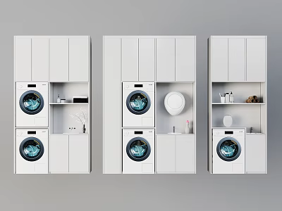 Modern White Bathroom Cabinetry With Integrated Washing Machines Storage Shelves And Open Compartments 3d model