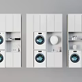 Modern White Bathroom Cabinetry With Integrated Washing Machines Storage Shelves And Open Compartments