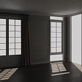 Elegant Soft Beige Curtains Framing White Glass Panel Double Door Window 3d model