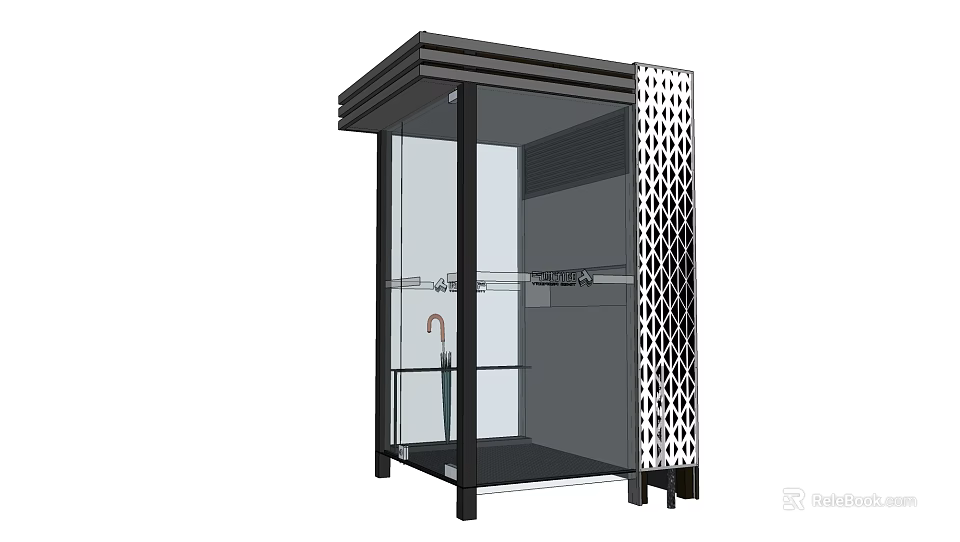 Modern Public Telephone Booth With Black Frame Glass Panels Perforated Sides And Interior Umbrella Hook 3d model 