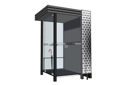 Modern Public Telephone Booth With Black Frame Glass Panels Perforated Sides And Interior Umbrella Hook 3d model
