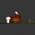 Wooden Tree Stump With Red Mushrooms And Stone Rocks On Green Grass