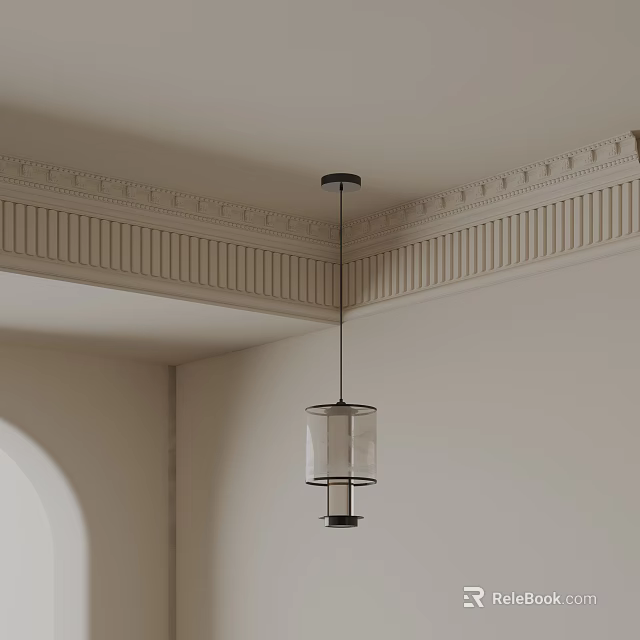 Minimalist Pendant Light With Black Metal Frame And Glass Shade In Neutral Room 3d model 