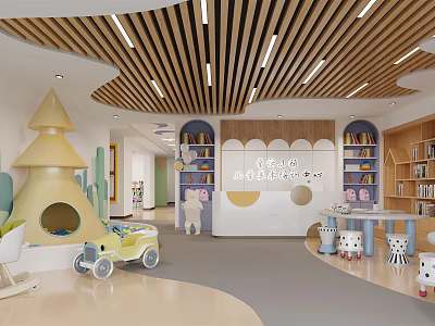 Vibrant Kindergarten Interior Design With Wooden Ceiling Bookshelves Toy Car And Animal Stools 3d model