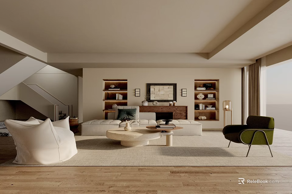 Modern Living Room Interior With Large Sofa Coffee Table Bookshelves And Green Armchair 3d model 