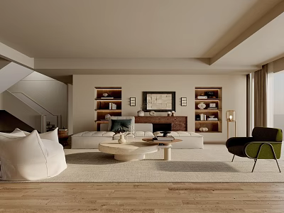Modern Living Room Interior With Large Sofa Coffee Table Bookshelves And Green Armchair 3d model