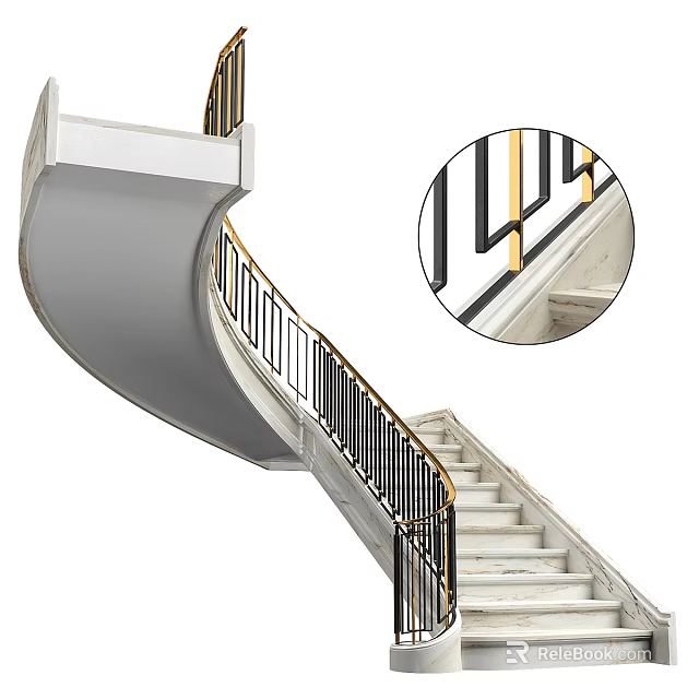 Elegant Curved Staircase With White Steps And Black Gold Railings Design 3d model 