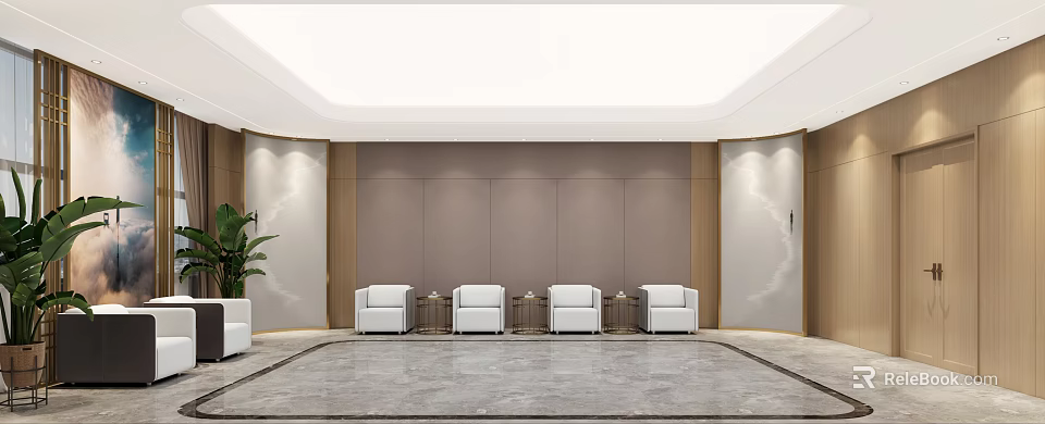 Modern Hotel Public Lounge Area With White Armchairs Brown Paneled Walls And Marble Flooring 3d model 