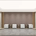 Modern Hotel Public Lounge Area With White Armchairs Brown Paneled Walls And Marble Flooring