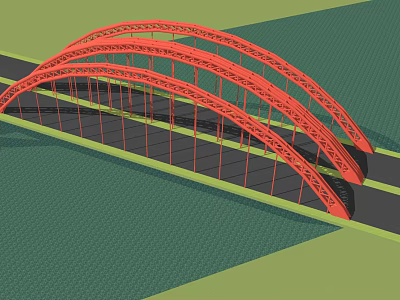 Red Arch Bridge With Multi Arch Metal Frame Structure Over Road 3d model