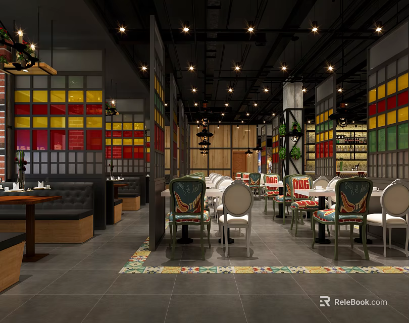 Colorful Restaurant Interior Design With Stained Glass Panels Booth Seating And Pendant Lights 3d model 