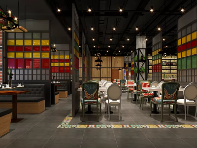 Colorful Restaurant Interior Design With Stained Glass Panels Booth Seating And Pendant Lights 3d model