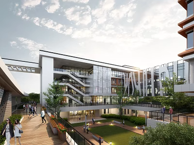 Modern Multi Story School Building With Glass Curtain Walls Courtyard Greenery And People Walking 3d model