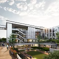 Modern Multi Story School Building With Glass Curtain Walls Courtyard Greenery And People Walking