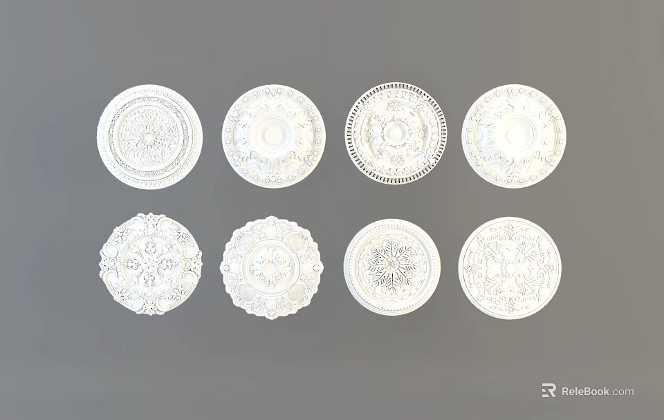 White Decorative Ceiling Medallions with Various Ornate Patterns Collection 3d model 