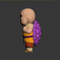 Cartoon Bald Man With Serious Expression In Yellow Top Red Pants Purple Backpack And Halo