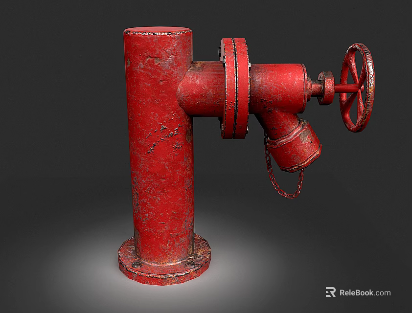 Red Old Fashioned Fire Hydrant with Pillar Shape Valve Wheel and Chain 3d model
