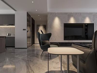 Modern Living and Dining Room Interior With Marble Wall TV Sofa And Coffee Table 3d model