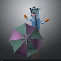Blue Cartoon Mouse Character With Orange Gloves Surprised Expression And Fallen Pink Green Umbrella