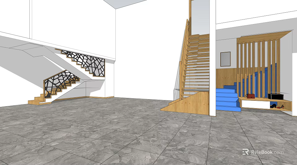 Modern Interior Stairs With Intricate Railings Wooden Structure And Blue Steps 3d model 