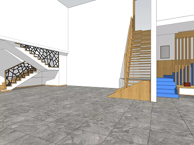 Modern Interior Stairs With Intricate Railings Wooden Structure And Blue Steps 3d model