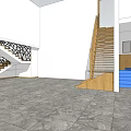Modern Interior Stairs With Intricate Railings Wooden Structure And Blue Steps