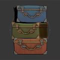 Vintage Colorful Trunks Stacked in Blue Green Orange Hues with Metal Accents