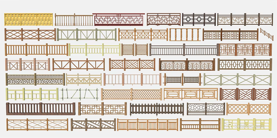 Various Decorative Fence Designs With Intricate Patterns And Wooden Structures 3d model