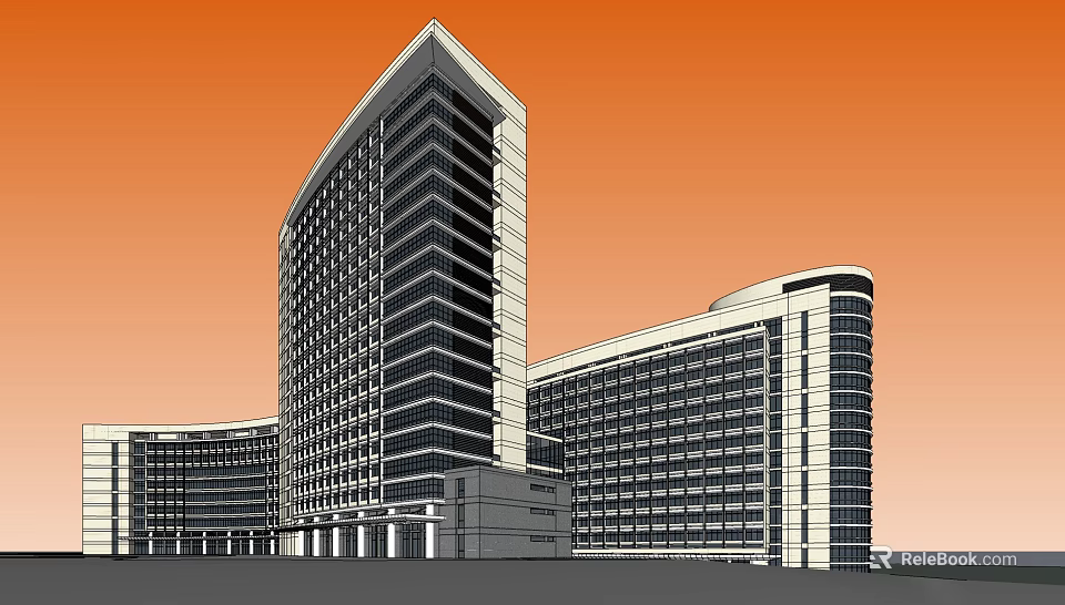 Modern High Rise Buildings With Glass Facade And Orange Sky Background 3d model 